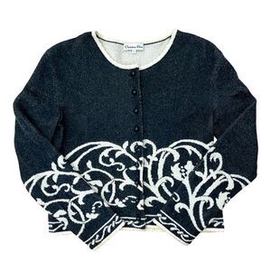 Christian Dior Vintage Cardigan Knit Tops L Women's Black White 46135